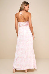 Effortlessly Abloom Light Pink Floral Ruched Halter Maxi Dress